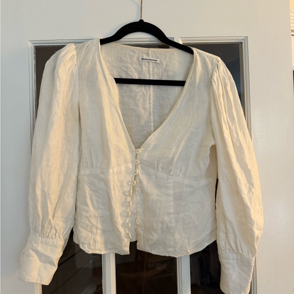 Reformation Linen Puff Sleeve Blouse